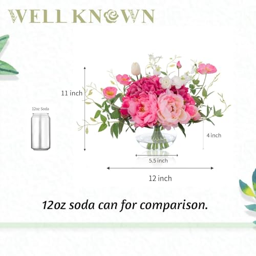 WELL KNOWN Artificial Flowers in Vase WELL KNOWN Silk Hydrangea Bouquet and Peonies Artificial Flowers Table Centerpieces with Faux Water for Home Decor Fake Tulips Flower Arrangements for Table Decor Fuchsia - Image 3