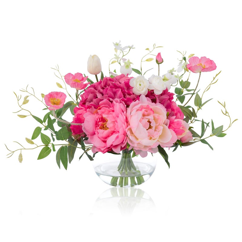 WELL KNOWN Artificial Flowers in Vase WELL KNOWN Silk Hydrangea Bouquet and Peonies Artificial Flowers Table Centerpieces with Faux Water for Home Decor Fake Tulips Flower Arrangements for Table Decor Fuchsia - Image 2