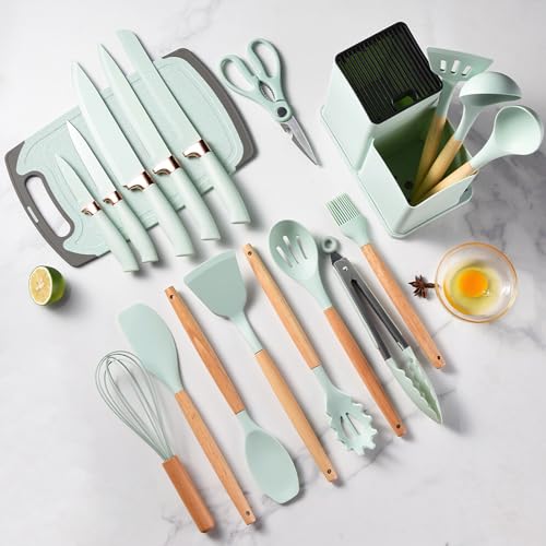 SHUNIKING Cooking Utensils Set - 19 Piece Set with 11 Spatulas, 6 Sharp Knives, Silicone Utensils & Cutting Board (Green) - Image 3