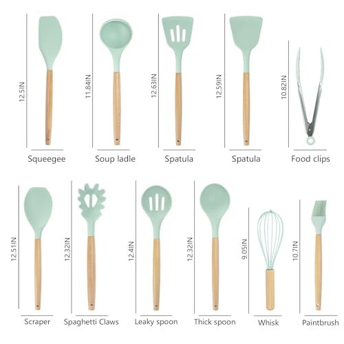 SHUNIKING Cooking Utensils Set - 19 Piece Set with 11 Spatulas, 6 Sharp Knives, Silicone Utensils & Cutting Board (Green) - Image 5