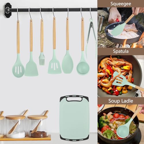 SHUNIKING Cooking Utensils Set - 19 Piece Set with 11 Spatulas, 6 Sharp Knives, Silicone Utensils & Cutting Board (Green) - Image 2