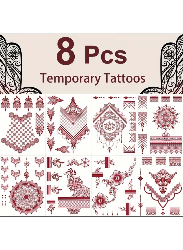 Temporary Henna Tattoo Stickers, 8 Sheets Red Floral Design, Traditional Mehndi Style Body Art - Image 2