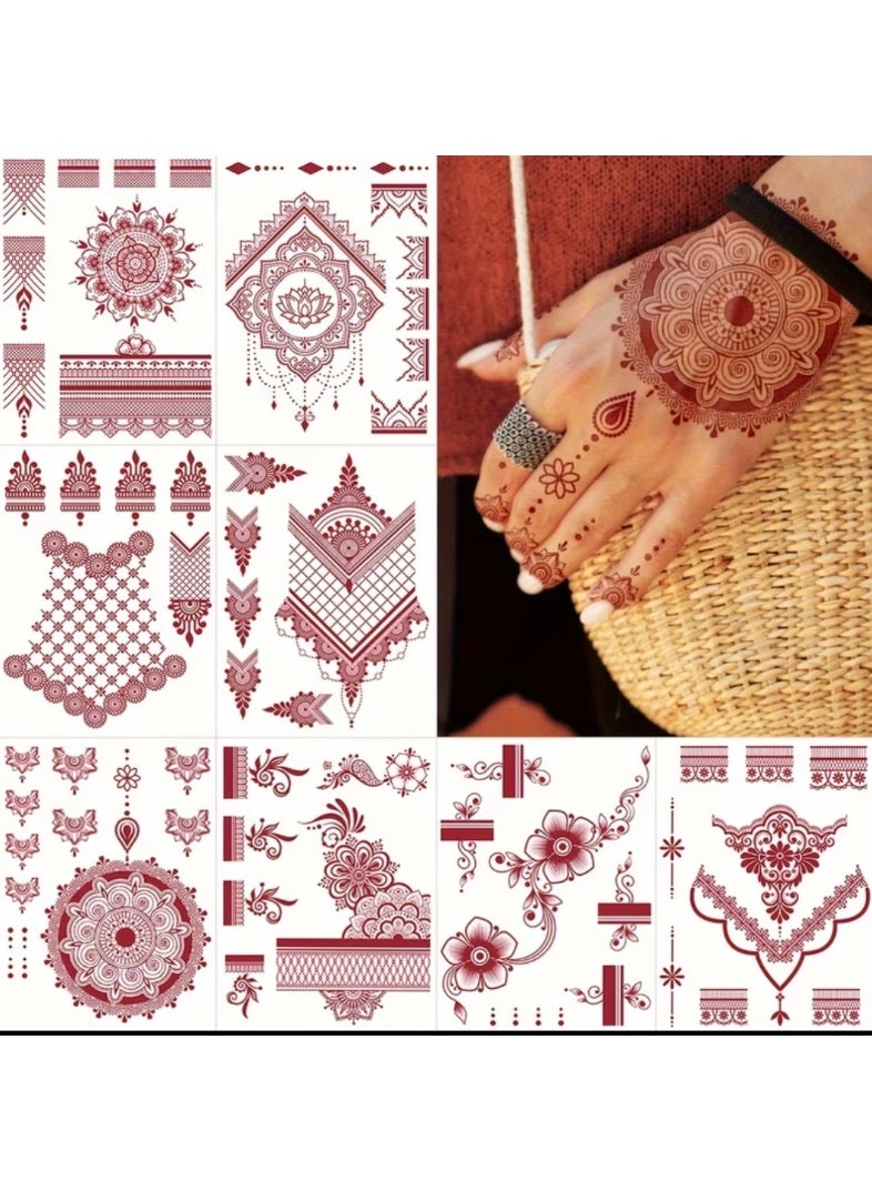 Temporary Henna Tattoo Stickers, 8 Sheets Red Floral Design, Traditional Mehndi Style Body Art - Image 1