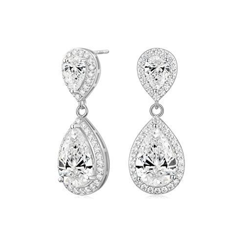 EAMTI Silver Dangle Earrings for Women Cubic Zirconia Teardrop 925 Sterling Silver Post Bridal Wedding Rhinestone Earring - Image 1