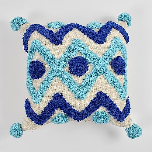 Outlay Home Decorative Throw Cushion Covers, Blue Mix Geometric Pattern with Pom Poms, Tufted Design with Back Zipper (16 X 16 Inch, 1 Piece) - Image 2