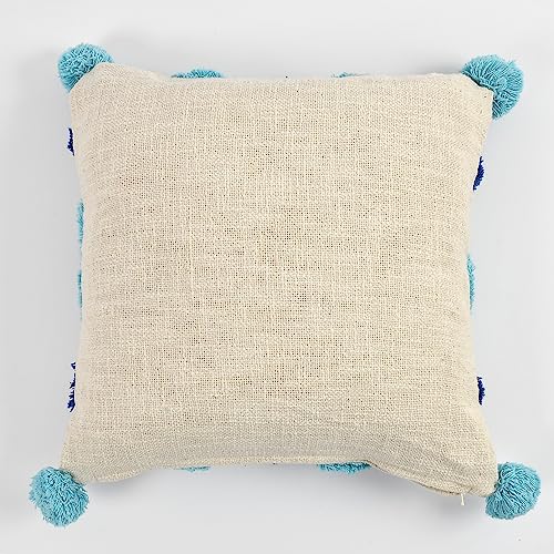 Outlay Home Decorative Throw Cushion Covers, Blue Mix Geometric Pattern with Pom Poms, Tufted Design with Back Zipper (16 X 16 Inch, 1 Piece) - Image 3