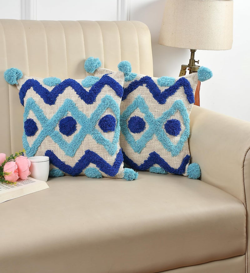 Outlay Home Decorative Throw Cushion Covers, Blue Mix Geometric Pattern with Pom Poms, Tufted Design with Back Zipper (16 X 16 Inch, 1 Piece) - Image 1