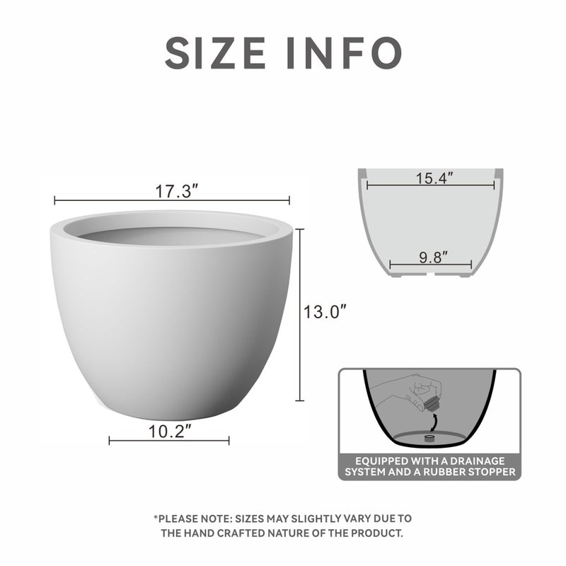 Kante 17.3 Inch Round Concrete Planter - Classic Large Indoor/Outdoor Plant Pot with Drainage Hole and Rubber Plug, Suitable for Gardens and Patios, White - Image 2