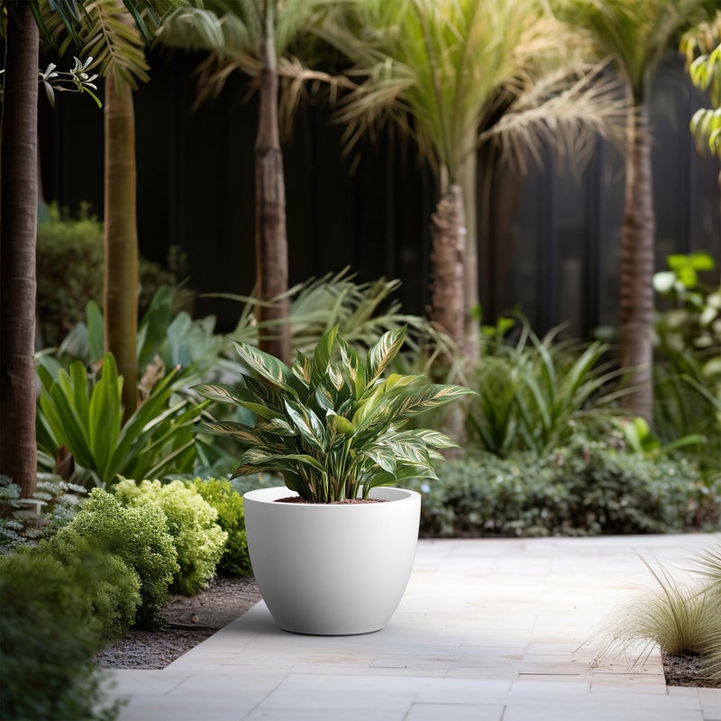 Kante 17.3 Inch Round Concrete Planter - Classic Large Indoor/Outdoor Plant Pot with Drainage Hole and Rubber Plug, Suitable for Gardens and Patios, White - Image 5