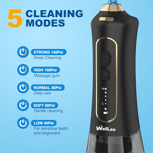 WellLeo Water Flosser for Teeth, 300ML Cordless Oral Irrigator Rechargeable Dental Flosser Picks with 5 Modes 5 Jet Tips,IPX7 Waterproof Teeth Cleaner for Braces Gum Care, Home Travel Use - Image 2