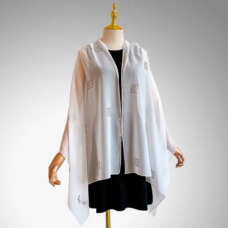 Summer Thin New Style Elegant Chiffon Silk Scarf with Rhinestone Decoration, Long Shawl for Daily Wear for Women - Image 3