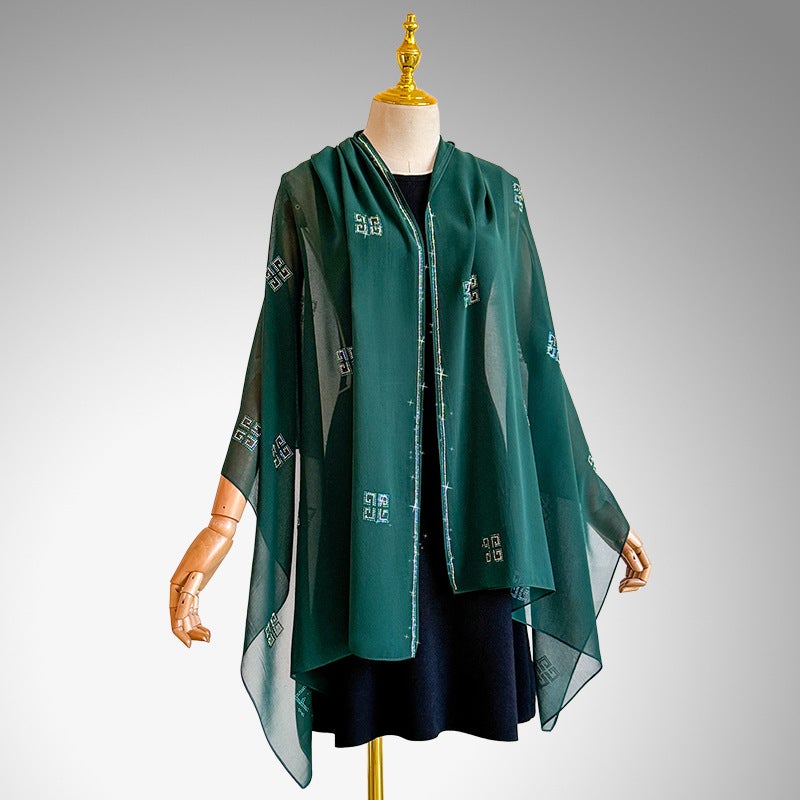 Summer Thin New Style Elegant Chiffon Silk Scarf with Rhinestone Decoration, Long Shawl for Daily Wear for Women - Image 1