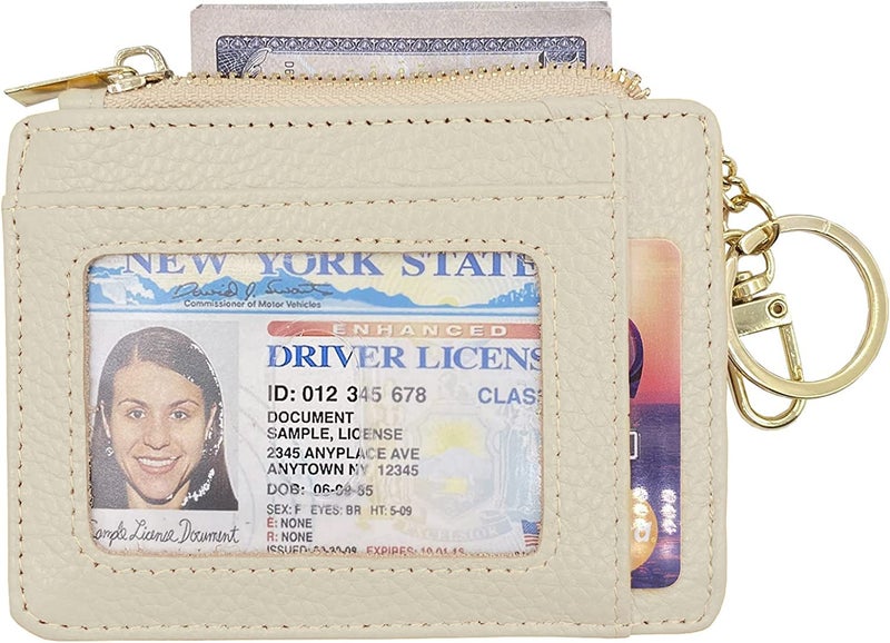 woogwin Womens Slim RFID Credit Card Holder Mini Front Pocket Wallet Coin Purse Keychain(Lichee Beige) - Image 2