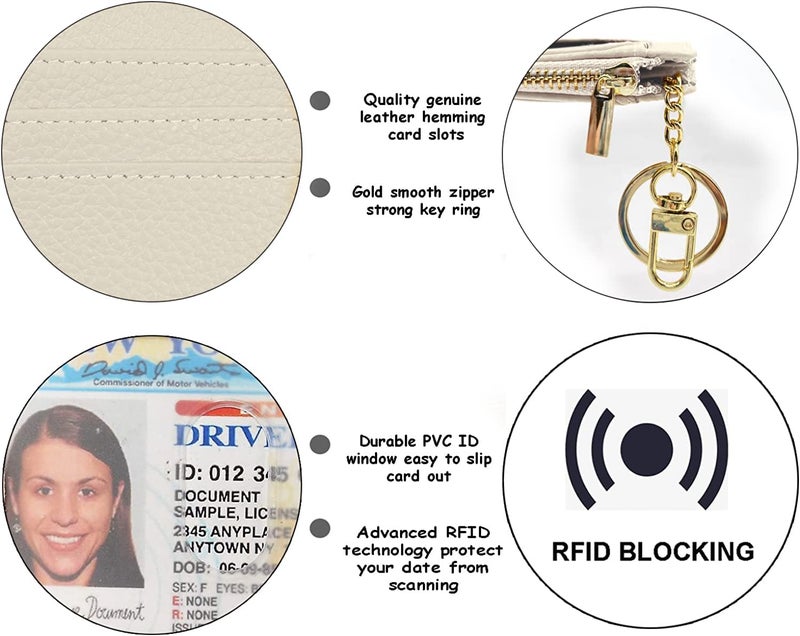 woogwin Womens Slim RFID Credit Card Holder Mini Front Pocket Wallet Coin Purse Keychain(Lichee Beige) - Image 4