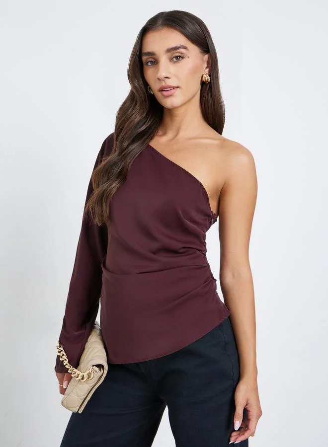 Styli Asymmetric One Sleeve Blouse with Draped Detail