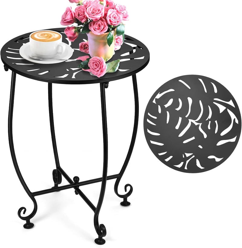 DARCKLE Outdoor Side Tables for Patio, Weather Resistant Steel Patio Side Table, Small Round Outdoor End Table Metal Side Table for Patio Yard Balcony Garden Black (Color1-Turtle Leaf) - Image 1