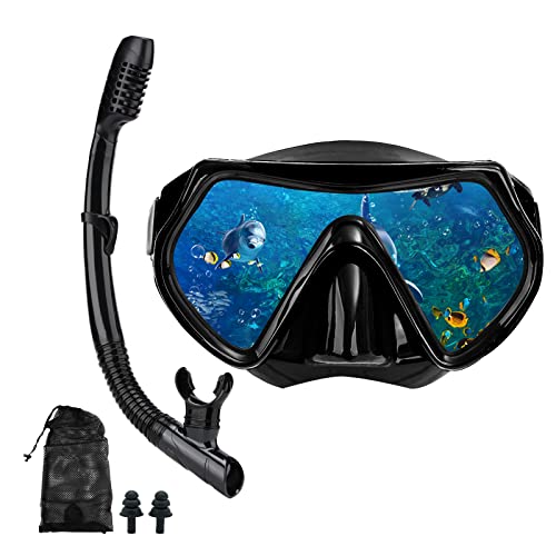 DIPUKI Snorkel mask Snorkeling Set for Adults and Youth, Diving mask and Full Dry Snorkel Swim Googles is Suitable for Snorkeling, Dive Scuba Diving, Swimming (Black) - Image 1