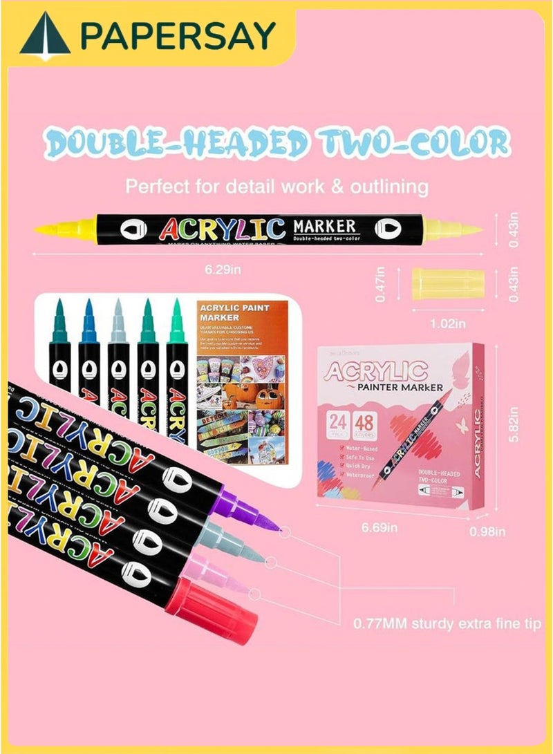 PAPERSAY 48 Colors Acrylic Paint Pens Markers Set, 24 pcs Acrylic Markers,Soft Brush Tip, 1-6mm Fine, Quick-Drying Acrylics Colors for Rock Painting, Canvas, Wood, Glass, DIY Crafts (Pink) - Image 2
