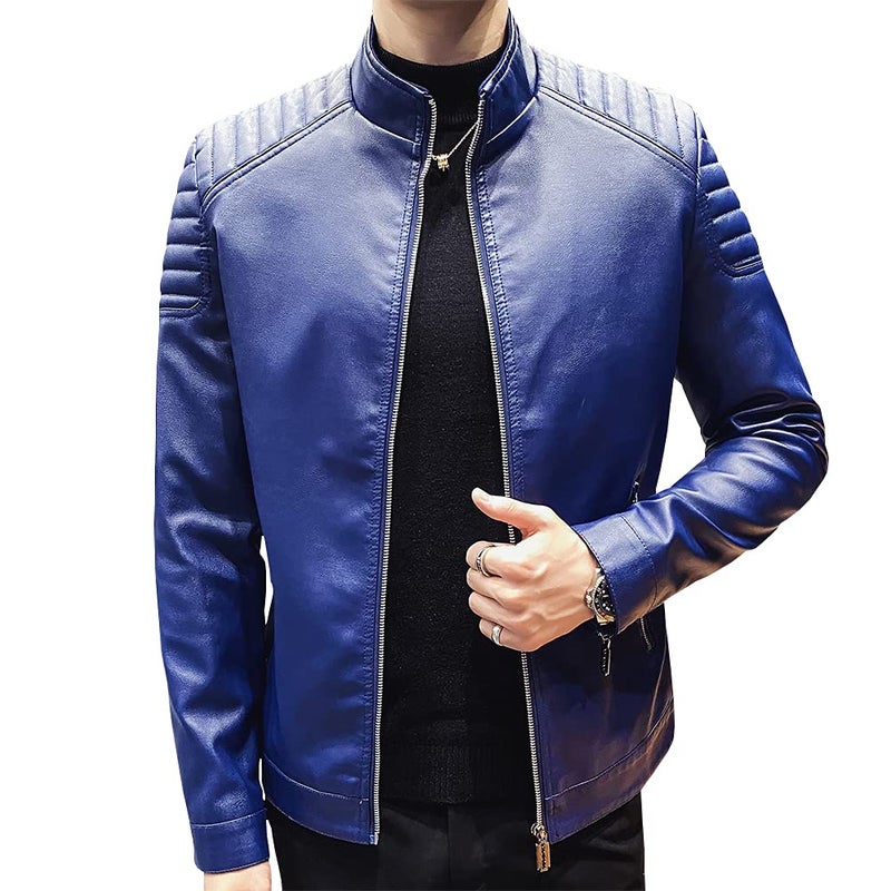 Womleys Mens Casual Stand Collar Slim Fit Faux Leather Jacket Biker Motorcycle Jacket XBlue Large - Image 2