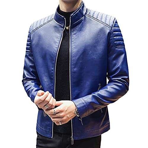 Womleys Mens Casual Stand Collar Slim Fit Faux Leather Jacket Biker Motorcycle Jacket XBlue Large - Image 3