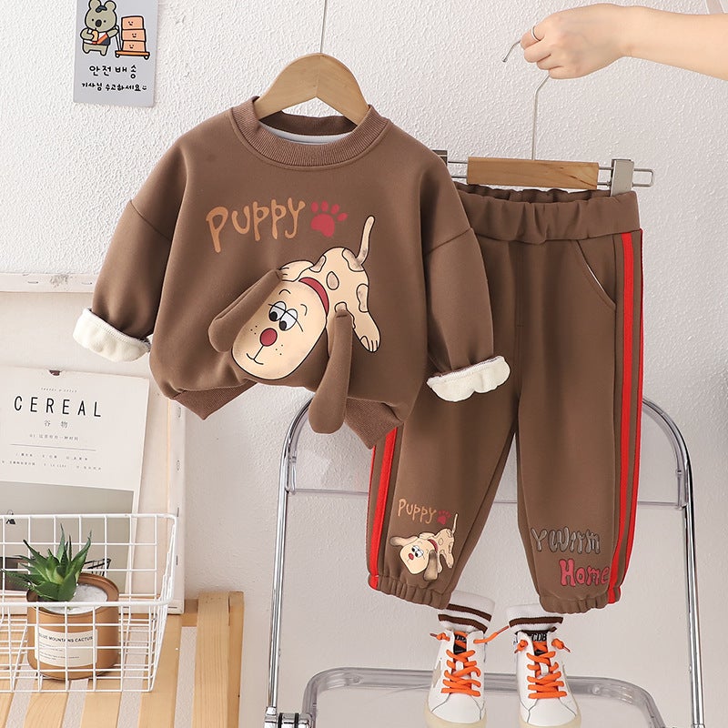 Boys Cashmere Suit Winter 2024 New Babys Winter Western Style Baby Childrens Clothes Cartoon Two-piece Set for Hair Coffee - Image 3
