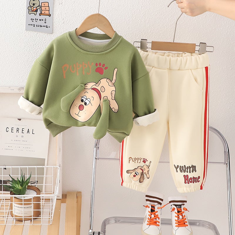 Boys Cashmere Suit Winter 2024 New Babys Winter Western Style Baby Childrens Clothes Cartoon Two-piece Set for Hair Coffee - Image 5