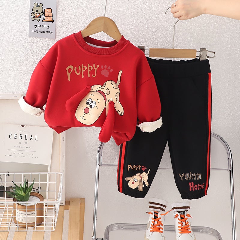 Boys Cashmere Suit Winter 2024 New Babys Winter Western Style Baby Childrens Clothes Cartoon Two-piece Set for Hair Coffee - Image 4