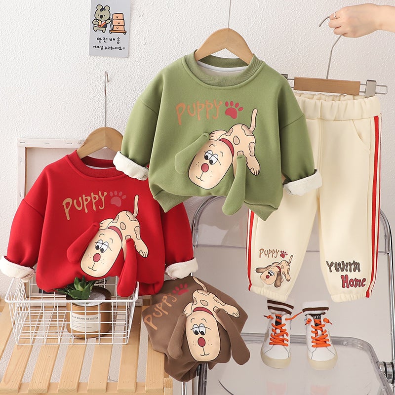 Boys Cashmere Suit Winter 2024 New Babys Winter Western Style Baby Childrens Clothes Cartoon Two-piece Set for Hair Coffee - Image 2