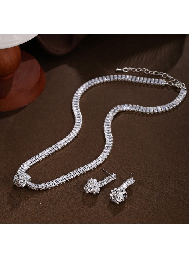 Women's Vintage Full Diamond Jewelry Set - Alloy Inlaid Crystal Glass Necklace & Drop Earrings 2Pcs Set, Sparkling Bridal Party Accessories, Elegant Fashion Jewelry Gift for Ladies - Image 3