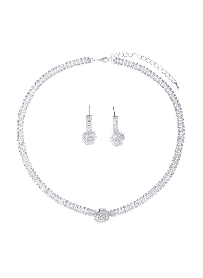 Women's Vintage Full Diamond Jewelry Set - Alloy Inlaid Crystal Glass Necklace & Drop Earrings 2Pcs Set, Sparkling Bridal Party Accessories, Elegant Fashion Jewelry Gift for Ladies - Image 2
