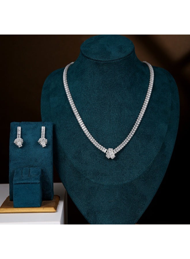 Women's Vintage Full Diamond Jewelry Set - Alloy Inlaid Crystal Glass Necklace & Drop Earrings 2Pcs Set, Sparkling Bridal Party Accessories, Elegant Fashion Jewelry Gift for Ladies - Image 4