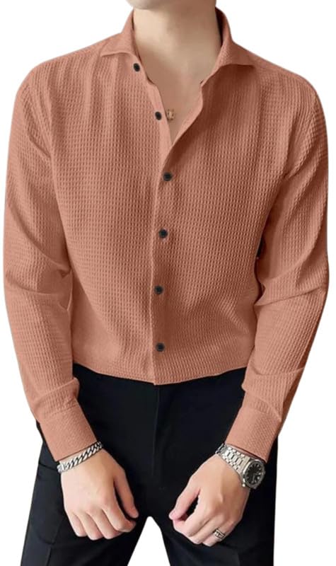NoseQueen Mens Casual Shirts Plain Button Down Shirt Long Sleeve Textured Summer Beach Shirt for Men Dusty Pink - Image 1