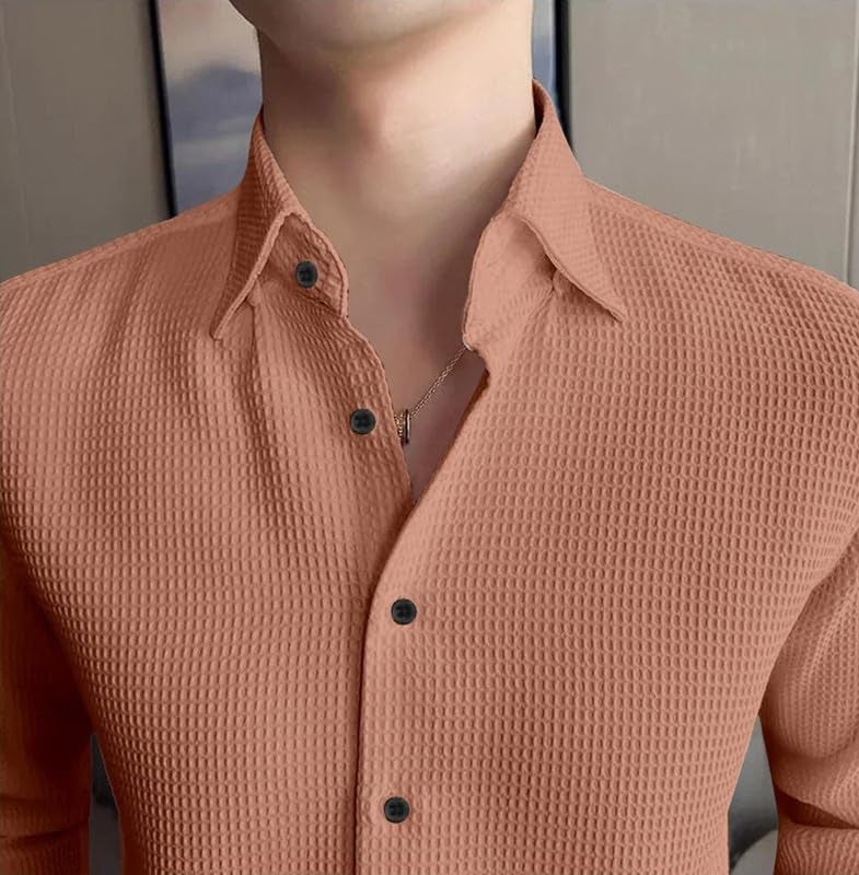 NoseQueen Mens Casual Shirts Plain Button Down Shirt Long Sleeve Textured Summer Beach Shirt for Men Dusty Pink - Image 3