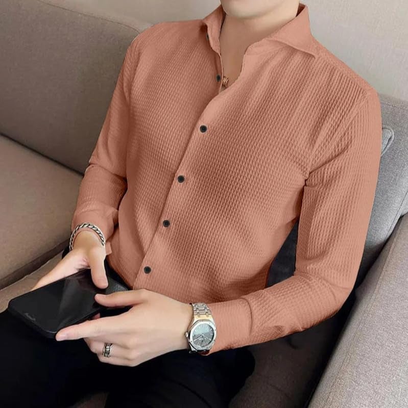 NoseQueen Mens Casual Shirts Plain Button Down Shirt Long Sleeve Textured Summer Beach Shirt for Men Dusty Pink - Image 2