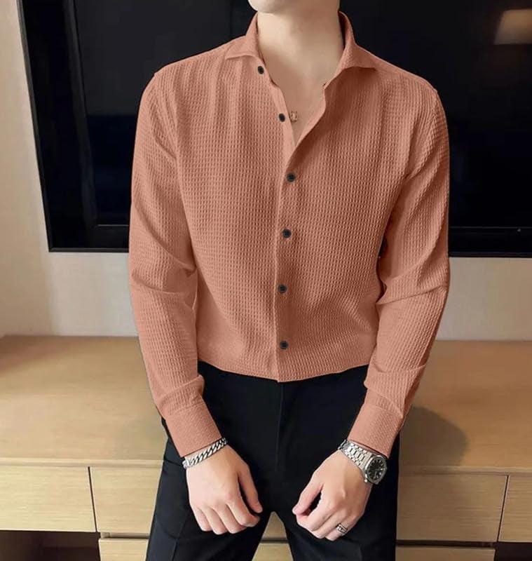 NoseQueen Mens Casual Shirts Plain Button Down Shirt Long Sleeve Textured Summer Beach Shirt for Men Dusty Pink - Image 4