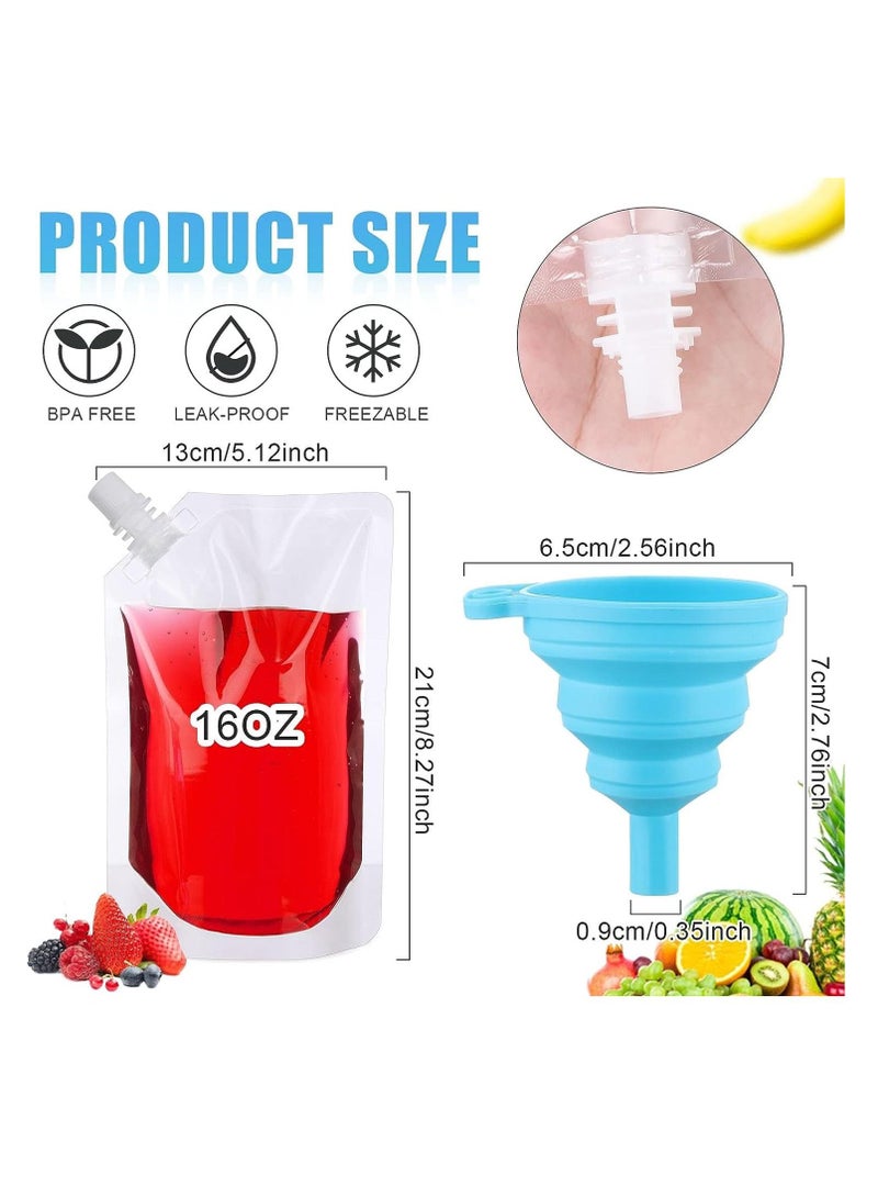 SYOSI 50 Pcs 16 Oz Reusable Plastic Flask Drink Pouches with Collapsible Funnel - Perfect for Travel, Parties, and More  - Image 4