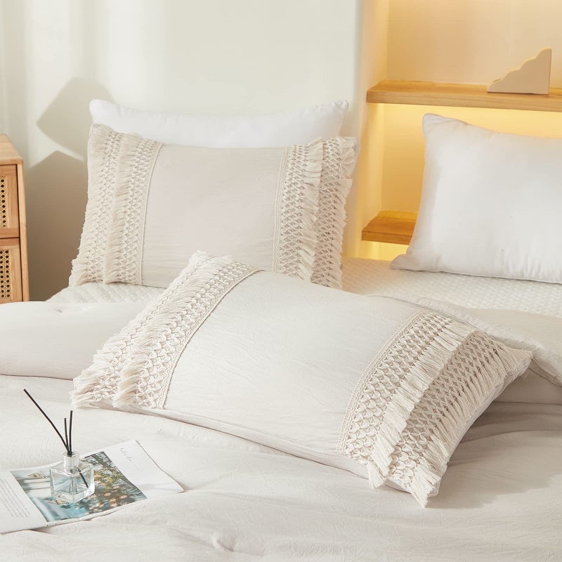 Beige Pillowcases Macrame Tassel Pillow Cases Set of 2 100 Washed Microfiber Cream Decor Tassel Boho Pillow Cover 2 Pack King Beige Tassel