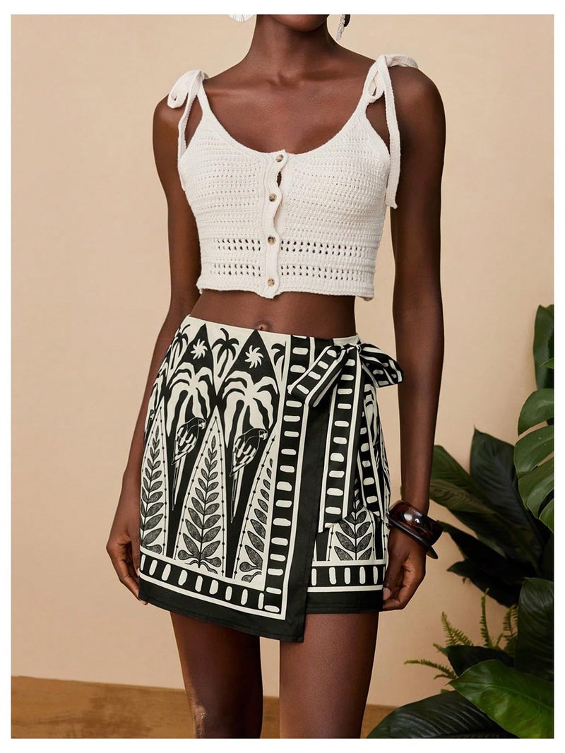 MakeMeChic Women's Summer Boho Wrap Mini Skirt Beach Vacation Short Skirts Black Boho Small - Image 4