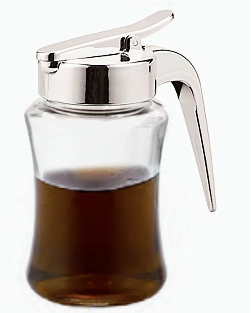J&M DESIGN Glass Syrup Dispenser Bottle for Maple Syrup, Honey Pot or Sugar Jar W/Handle Shaker For Pancakes, Coffee, Cereal Bowl, Tea Pour Spout Lid Easy Spoon Measure 7.5oz Container Holder - Image 2