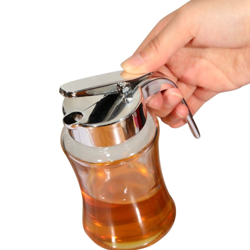 J&M DESIGN Glass Syrup Dispenser Bottle for Maple Syrup, Honey Pot or Sugar Jar W/Handle Shaker For Pancakes, Coffee, Cereal Bowl, Tea Pour Spout Lid Easy Spoon Measure 7.5oz Container Holder - Image 3