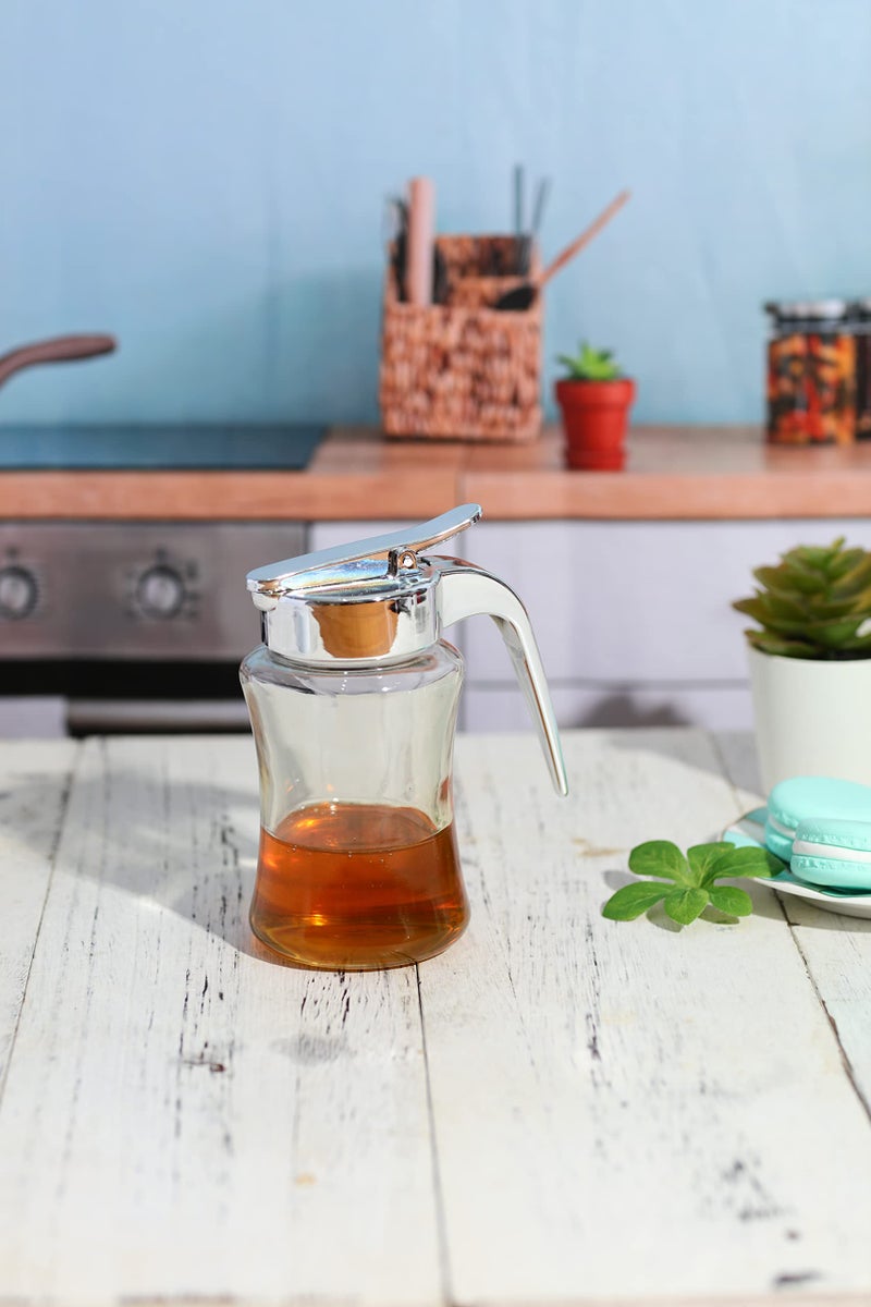 J&M DESIGN Glass Syrup Dispenser Bottle for Maple Syrup, Honey Pot or Sugar Jar W/Handle Shaker For Pancakes, Coffee, Cereal Bowl, Tea Pour Spout Lid Easy Spoon Measure 7.5oz Container Holder - Image 5
