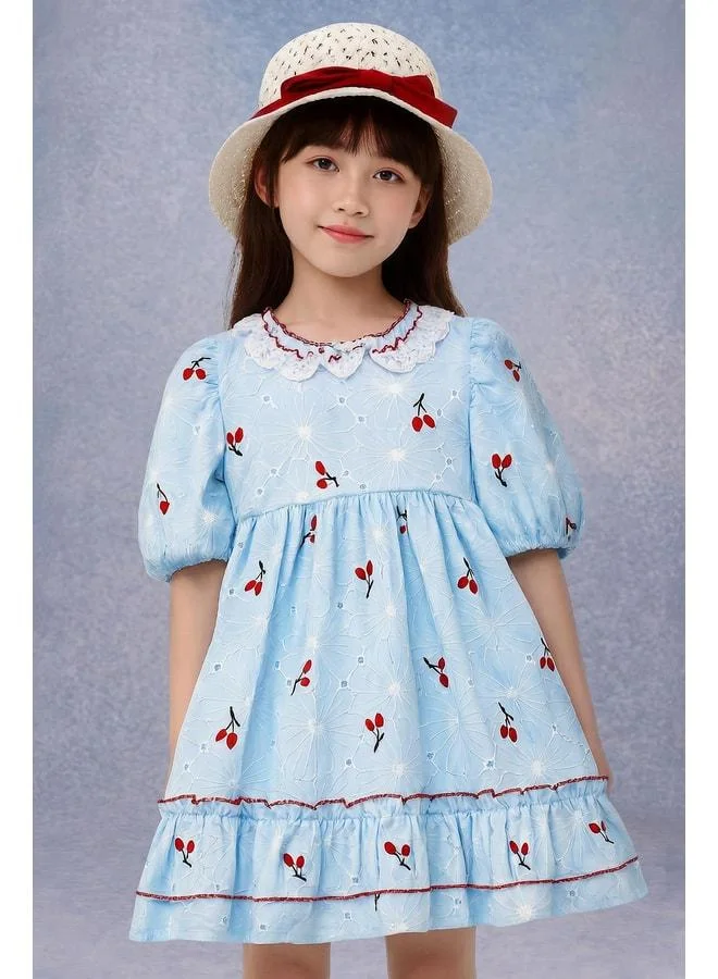 Perendi Girl's Cherry Embroidered Lace-Collared Hat-Trimmed Brocade Dress - 100% Cotton Lined.