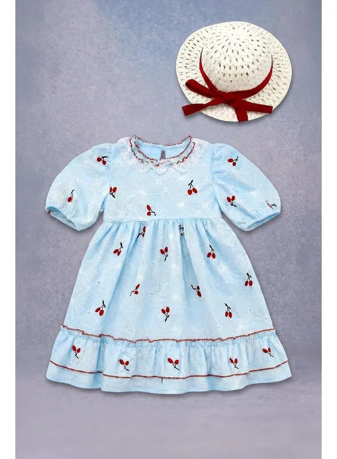 Perendi Girl's Cherry Embroidered Lace-Collared Hat-Trimmed Brocade Dress - 100% Cotton Lined.