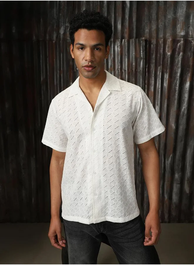 HIGH STAR Men Relaxed Resort Collar Textured Shiffli Cotton Casual Shirt