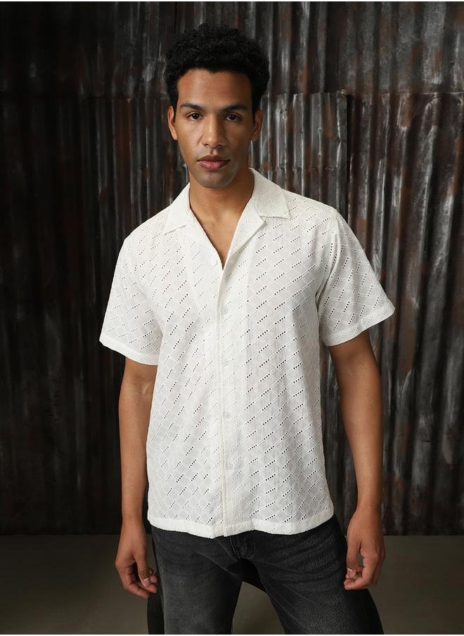 HIGH STAR Men Relaxed Resort Collar Textured Shiffli Cotton Casual Shirt  - Image 1