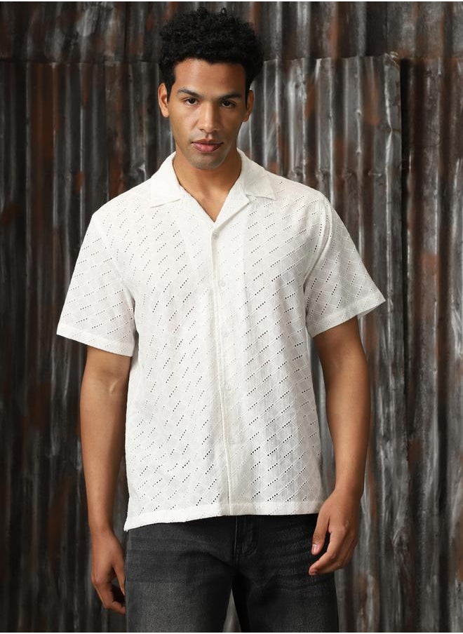 HIGH STAR Men Relaxed Resort Collar Textured Shiffli Cotton Casual Shirt  - Image 3