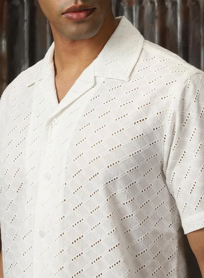 HIGH STAR Men Relaxed Resort Collar Textured Shiffli Cotton Casual Shirt