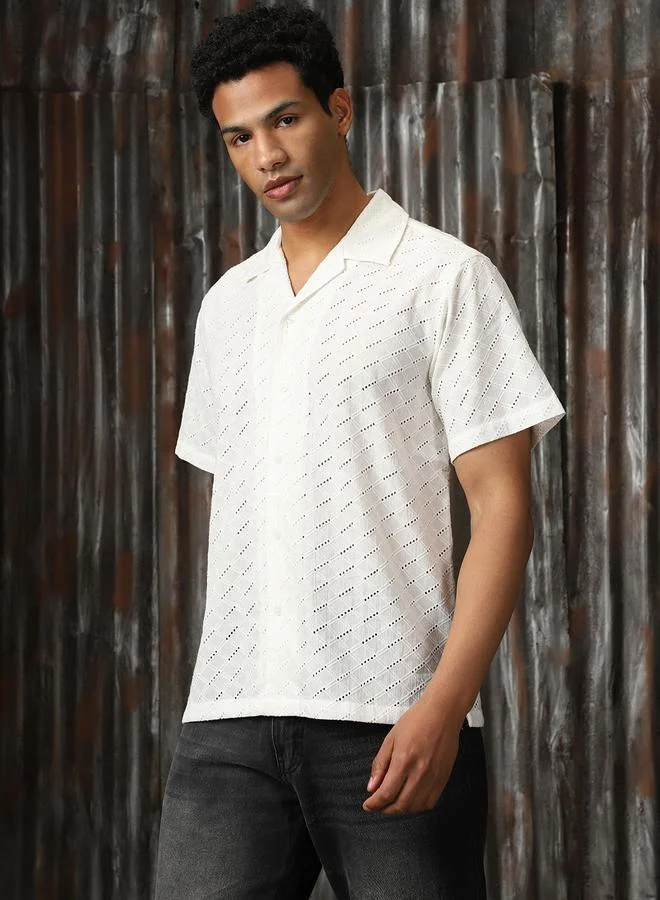HIGH STAR Men Relaxed Resort Collar Textured Shiffli Cotton Casual Shirt