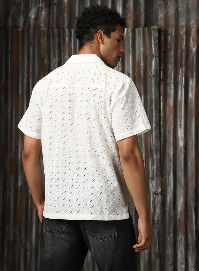 HIGH STAR Men Relaxed Resort Collar Textured Shiffli Cotton Casual Shirt