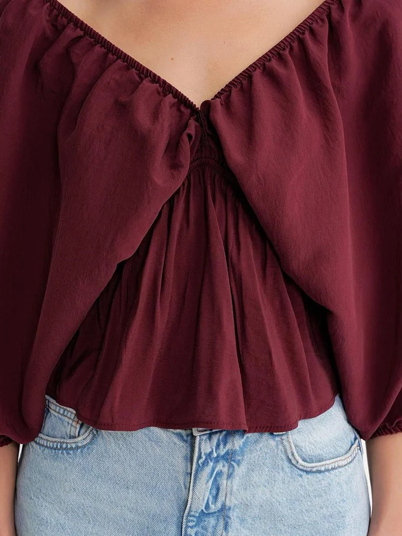 MixRay Burgundy Red Mixray V-Neck Blouse with Ruffle Detail for Women | Best Price UAE